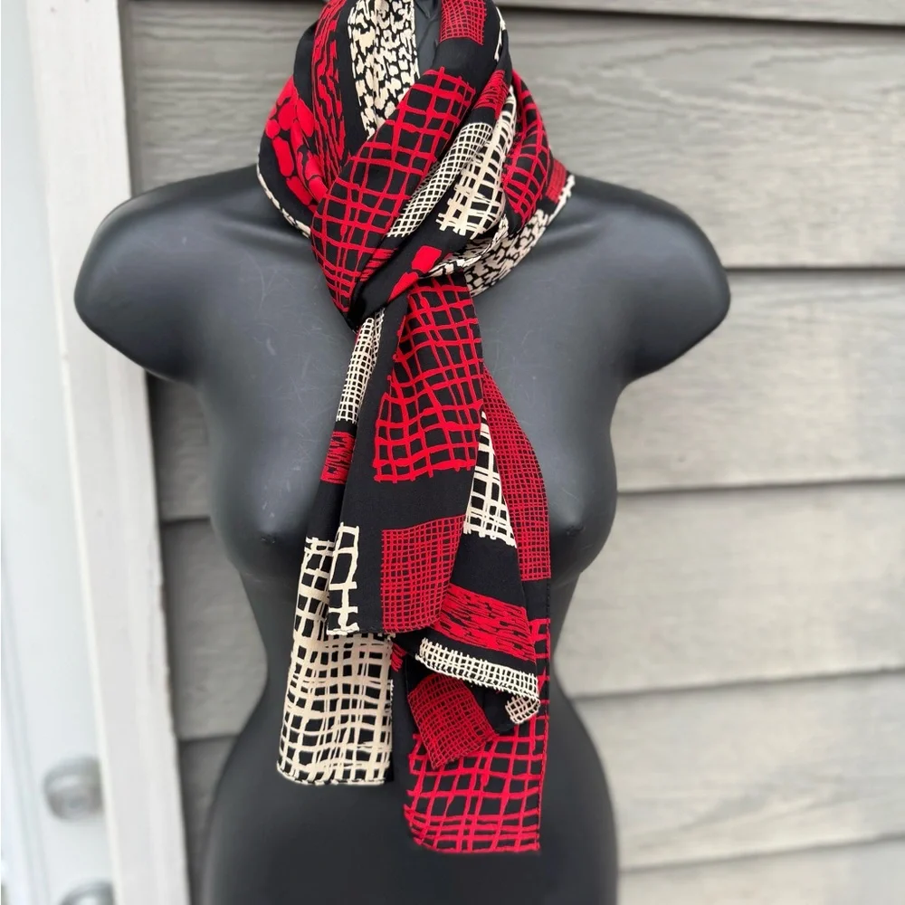 Essential Classics Red Black Tan Silk Patterned Women's‎ Scarf Stylish Lightwt